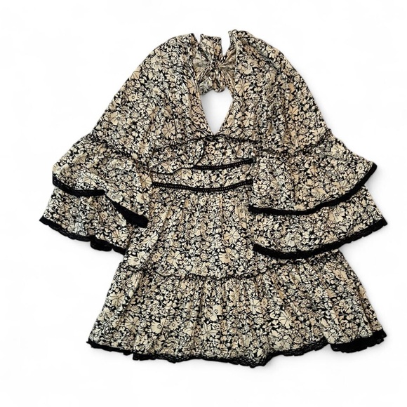 Free People Kristall black and cream tiered tie back mini dress- Size Large - Picture 2 of 6